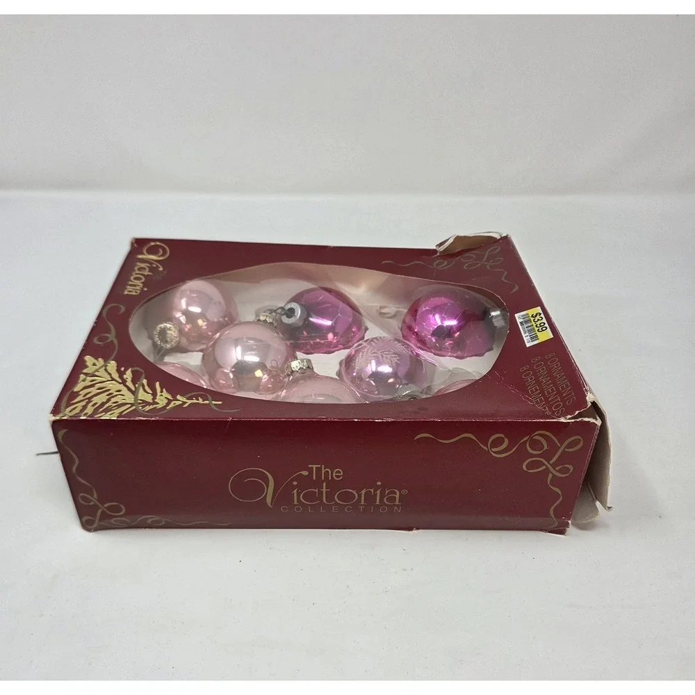 Rauch Victoria Collection 8 Vintage Pink Glass Christmas Ornaments Box USA